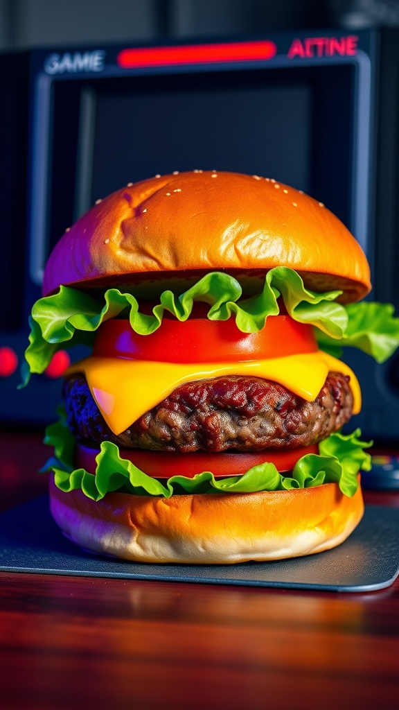 An 8-bit style burger with beef patty, cheese, lettuce, and tomato, with a retro gaming console in the background.